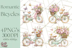 Romantic Bike Clipart, Spring Flowers PNG, Pastel Bicycles Product Image 1