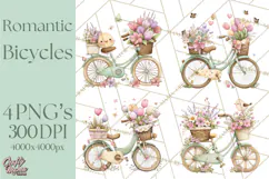 Romantic Bike Clipart, Spring Flowers PNG, Pastel Bicycles Product Image 1