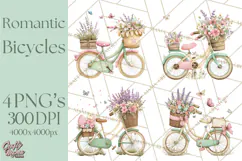 Romantic Bike Clipart, Spring Flowers PNG, Pastel Bicycles Product Image 1