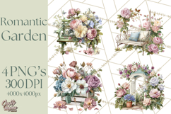 Romantic Garden Clipart, Watercolor Floral Benches Png Product Image 1