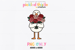 Minimalist Valentine goose clipart with clean lines and bold colors, depicting a white goose holding roses, suitable for stickers, cards, shirts, and gifts.