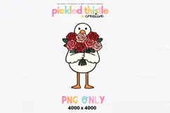 Minimalist Valentine goose clipart with clean lines and bold colors, depicting a white goose holding roses, suitable for stickers, cards, shirts, and gifts.