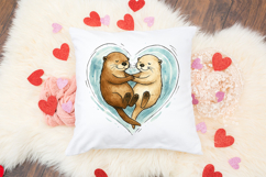 Hand-painted style otter couple illustrated in watercolor with gentle textures and sketchy black outlines. The otters face each other peacefully, floating together in a heart-shaped splash of water.