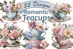 Floral Teacup Clipart, Watercolor Teacups &amp; Saucers PNG Product Image 1
