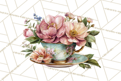 Floral Teacup Clipart, Watercolor Teacups &amp; Saucers PNG Product Image 2