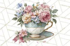 Floral Teacup Clipart, Watercolor Teacups & Saucers PNG Product Image 3