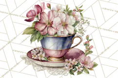 Floral Teacup Clipart, Watercolor Teacups & Saucers PNG Product Image 4