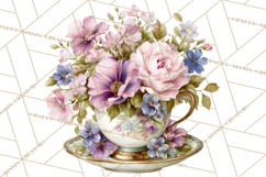 Floral Teacup Clipart, Watercolor Teacups &amp; Saucers PNG Product Image 5
