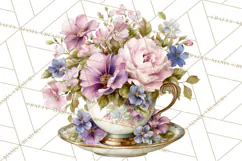 Floral Teacup Clipart, Watercolor Teacups & Saucers PNG Product Image 5