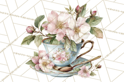 Floral Teacup Clipart, Watercolor Teacups &amp; Saucers PNG Product Image 2
