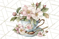 Floral Teacup Clipart, Watercolor Teacups & Saucers PNG Product Image 2