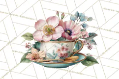 Floral Teacup Clipart, Watercolor Teacups & Saucers PNG Product Image 3