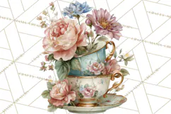 Floral Teacup Clipart, Watercolor Teacups & Saucers PNG Product Image 5