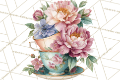 Floral Teacup Clipart, Watercolor Teacups &amp; Saucers PNG Product Image 2
