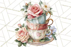 Floral Teacup Clipart, Watercolor Teacups & Saucers PNG Product Image 2