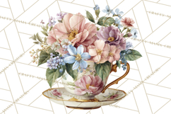 Floral Teacup Clipart, Watercolor Teacups &amp; Saucers PNG Product Image 3