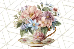 Floral Teacup Clipart, Watercolor Teacups & Saucers PNG Product Image 3