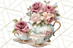 Floral Teacup Clipart, Watercolor Teacups & Saucers PNG Product Image 4