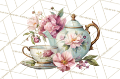 Floral Teacup Clipart, Watercolor Teacups &amp; Saucers PNG Product Image 5