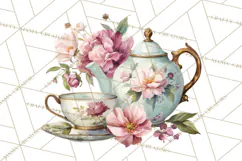 Floral Teacup Clipart, Watercolor Teacups & Saucers PNG Product Image 5