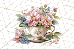 Floral Teacup Clipart, Watercolor Teacups &amp; Saucers PNG Product Image 3