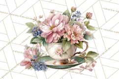 Floral Teacup Clipart, Watercolor Teacups & Saucers PNG Product Image 3