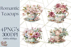Floral Teacup Clipart, Watercolor Teacups & Saucers PNG Product Image 1
