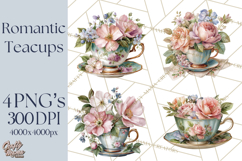 Floral Teacup Clipart, Watercolor Teacups &amp; Saucers PNG Product Image 1