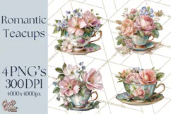 Floral Teacup Clipart, Watercolor Teacups & Saucers PNG Product Image 1