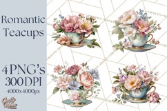 Floral Teacup Clipart, Watercolor Teacups &amp; Saucers PNG Product Image 1