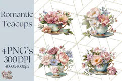 Floral Teacup Clipart, Watercolor Teacups & Saucers PNG Product Image 1