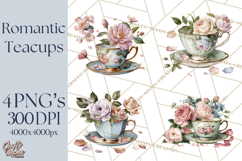 Floral Teacup Clipart, Watercolor Teacups &amp; Saucers PNG Product Image 1
