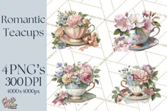 Floral Teacup Clipart, Watercolor Teacups & Saucers PNG Product Image 1