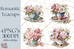 Floral Teacup Clipart, Watercolor Teacups & Saucers PNG Product Image 1