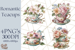 Floral Teacup Clipart, Watercolor Teacups &amp; Saucers PNG Product Image 1