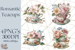 Floral Teacup Clipart, Watercolor Teacups & Saucers PNG Product Image 1