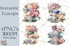 Floral Teacup Clipart, Watercolor Teacups &amp; Saucers PNG Product Image 1
