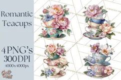 Floral Teacup Clipart, Watercolor Teacups & Saucers PNG Product Image 1