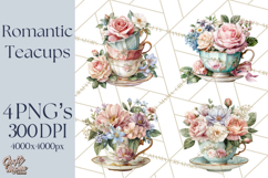 Floral Teacup Clipart, Watercolor Teacups &amp; Saucers PNG Product Image 1