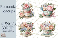 Floral Teacup Clipart, Watercolor Teacups & Saucers PNG Product Image 1