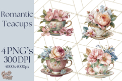 Floral Teacup Clipart, Watercolor Teacups &amp; Saucers PNG Product Image 1