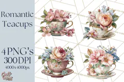 Floral Teacup Clipart, Watercolor Teacups & Saucers PNG Product Image 1