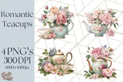 Floral Teacup Clipart, Watercolor Teacups & Saucers PNG Product Image 1