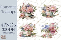 Floral Teacup Clipart, Watercolor Teacups &amp; Saucers PNG Product Image 1