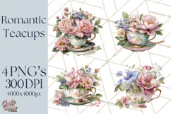 Floral Teacup Clipart, Watercolor Teacups & Saucers PNG Product Image 1