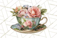 Floral Teacup Clipart, Watercolor Teacups & Saucers PNG Product Image 5