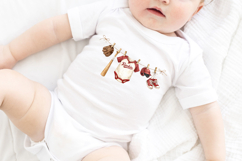 Watercolor vintage baseball baby design featuring a Rookie onesie hanging on a twine clothesline with glove, wooden bat, red helmet, and baby sneakers. Soft neutral tones on white background.