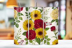 seamless rose sunflower tumbler, bright floral tumbler wrap, yellow red rose design, watercolor sunflower tumbler wrap, 20oz skinny tumbler wrap, tapered seamless tumbler design, straight tumbler wrap png, bright rose watercolor design, seamless floral tu