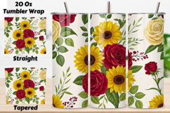 seamless rose sunflower tumbler, bright floral tumbler wrap, yellow red rose design, watercolor sunflower tumbler wrap, 20oz skinny tumbler wrap, tapered seamless tumbler design, straight tumbler wrap png, bright rose watercolor design, seamless floral tu