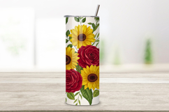 seamless rose sunflower tumbler, bright floral tumbler wrap, yellow red rose design, watercolor sunflower tumbler wrap, 20oz skinny tumbler wrap, tapered seamless tumbler design, straight tumbler wrap png, bright rose watercolor design, seamless floral tu